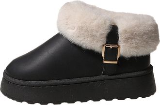 Generic Platform Winter Boots for Women Faux Fur Lined Shoes Comfortable Warm with Belt Buckle Ladies Snow Shoes Water-Resistant Ankle Boots Slip On Memory Fo