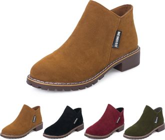 Generic Womens Thick Bottom Ankle Boots, Chunky Heel Side Zipper Retro Suede Leather Booties, Comfortable Slip On Walking Shoes (Brown,6)