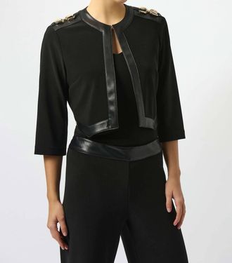 Joseph Ribkoff Silky Knit & Leatherette Cropped Jacket In Black