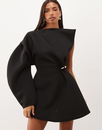 Asos vestito corto strutturato con dettagli metallici dorati monospalla in tessuto scuba nero