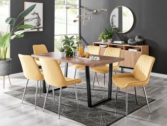 Furniturebox Kylo Large Brown Wood Effect Dining Table & 6 Pesaro Velvet Silver Leg Chairs in Cream