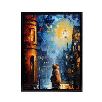 Artery8 Ginger Cat Under Street Lamp at Night Framed Canvas Wall Art Print in Blue | Size: W24 x H32
