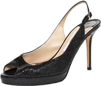Jimmy Choo London Black Glitter And Lurex Fabric Nova Peep Toe Slingback Sandals