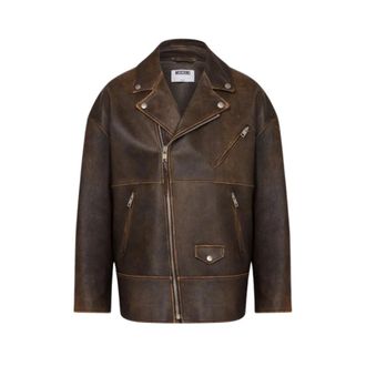 Moschino Nappa Leren Bikerjack Smiley - Heren - Leren en Su&egrave;de Jassen - Bruin - XL - Leer - Jassen