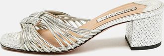 Aquazzura Metallic Silver Leather Club Twist Slide Sandals