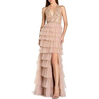Mac Duggal Beaded Tulle Sleeveless V Neck Ruffle Column Gown in Nude at Nordstrom, Size 10