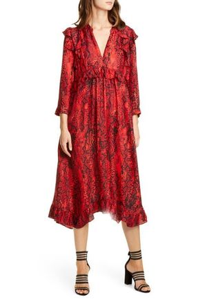 BA&SH Sahara Snakeskin Print Midi Dress in Rouge at Nordstrom, Size X-Small