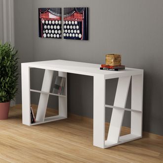 Decortie Honey Modern Desk with Bookshelf Legs 137cm in White | Size: 1 Pack