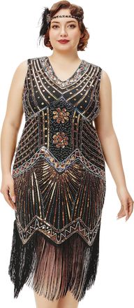 Babeyond Womens Plus Size Flapper Dresses 1920s V Neck Beaded Fringed Great Gatsby Dress Gold, Gold, 5X-Large