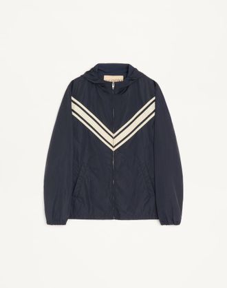 Valentino Valentino Hooded Windbreaker In Lightweight Nylon With Inlaid V Man NAVY/BEIGE 44