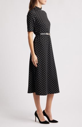 Anne Klein Polka Dot Mock Neck Cotton Blend Dress in Anne Black/White Dove at Nordstrom, Size Large