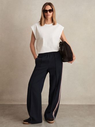 Reiss Navy Petite Side-stripe Wide-leg Trousers, 12