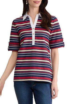 Jones New York Stripe Roll Tab Cuff Polo in Pacific Navy Multi at Nordstrom, Size X-Large