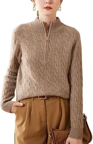 Dissa Pull Cachemire Femme Col Montant Marron Torsade Tricoté en