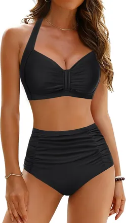 Holipick Women High Waisted Bikini Set Two Piece Swimsuit Tummy Control Bathing Suit Vintage Halter Swimwear, Black, Medium