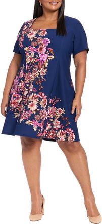 London Times Floral Short Sleeve Fit & Flare Dress in Navy/Fuchsia at Nordstrom Rack, Size 22W
