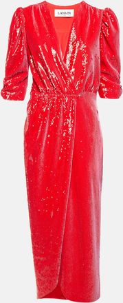 Lanvin Red Sequins Quarter Sleeve Zip Up Midi Dress