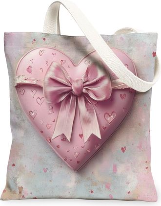 Generic Heart Pattern Canvas Tote Bags, Romantic Floral Design Reusable Grocery Bags, Lightweight Washable Shoulder Strap Canvas for Shopping Travel Beach Pic