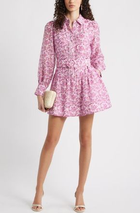 Chelsea28 Lace Trim Belted Long Sleeve Mini Shirtdress in Magenta Savannah Medallion at Nordstrom, Size X-Large
