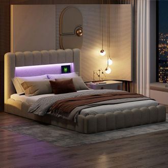 OEM Cama Lit - 180x200 Cm - Tejido De Lino Beige - Led Integrada - Puerto Usb