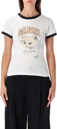 Ganni White Cropped Kitty Cotton T-shirt