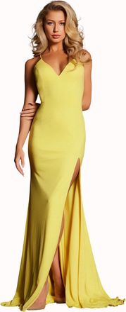Jovani Strappy-Back Long Jersey Prom Dress In Yellow