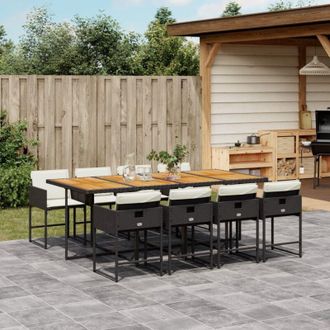 vidaXL Set De Comedor De Jard&iacute;n 9 Pzas Y Cojines Rat&aacute;n Sint&eacute;tico Negro