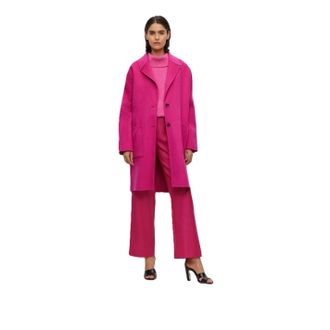 HUGO BOSS Womens Cattina Solid Patterned Notch Collared Over Coat in Bright Pink - Size 14 UK