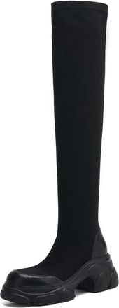 Generic Womens Over-The-Knee Sock Boots Chunky Platform Heels Round Toe Retro Style Comfortable Non-Slip Daily Wear Casual Outings Street Fashion,Black,3.5 UK