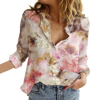 Generic Womens Long Sleeve Shirt with Printed Patterns Top Flower Print Button Down Long Sleeve Shirt for Women Casual Floral V Neck Graphic Blouses Tops Wome