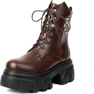 Generic Womens Platform Combat Boots Glossy PU Leather Metal Ring Decoration Lace Up Side Zipper Non Slip Wear Resistant Chunky Sole Comfortable Stylish For S
