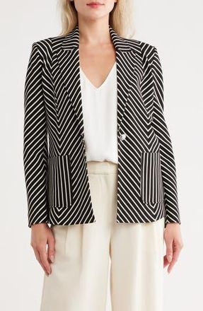 Elie Tahari Stripe Peak Lapel Cotton & Linen Blend Blazer in Noir And White Stripe at Nordstrom Rack, Size 10