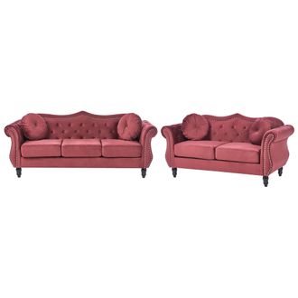 Beliani Conjunto De Sala De Estar En Terciopelo Rojo Oscuro 2 Plazas 3 Plazas Apoyabrazos Enrollados Cojines Estilo Glam Skien