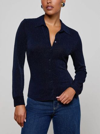 L'agence Indiana Fitted Blouse In Midnight/ Metallic Pinstripe