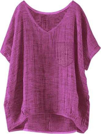 Generic Linen Tops for Women UK, Short Sleeve Crew Neck Bubble Hem Tunic Tops Oversized Baggy Blouses Summer Casual Shirts Womens Ladies Linen Lagenlook Cloth