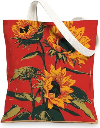 Generic Sunflower Canvas Tote Bag, Vintage Reusable Grocery Bags, Linen Lightweight Red Shoulder Strap Bags, Red, 13x15 Inch
