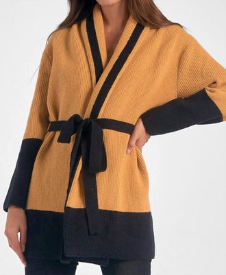 Elan Belted Color Block Cardigan In Curry/black