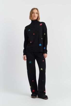 Chinti and Parker Black Wool-Cashmere Star Wide-Leg Track Pants