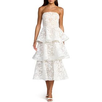 Mac Duggal Womens Strapless Lace Tiered Floral Detail Midi Dress in Ivory at Nordstrom, Size 6