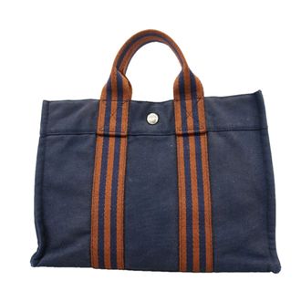 Herm&egrave;s Brown Navy Canvas Tote Bag (Pre-Owned)
