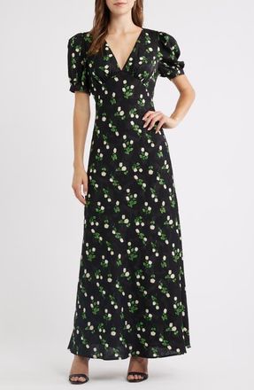 Lulus Milan Floral Print Satin Gown in Black Floral at Nordstrom, Size X-Small