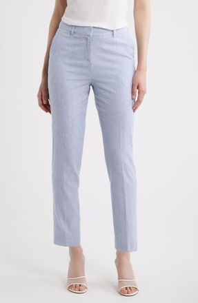 Tahari by ASL Seersucker Straight Leg Pants in Navy Ivory at Nordstrom, Size 14P