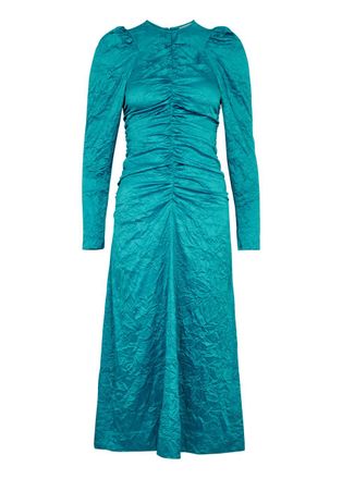 Ganni Crinkled Ruched Satin Midi Dress - Blue - 40 (UK12 / M)
