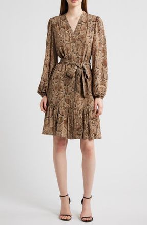Kobi Halperin Samara Snakeskin Print Tie Waist Shirtdress in Tannin Multi at Nordstrom, Size Small