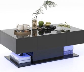 Costway Costway - Mesa De Centro Con Led Moderna, Decorativa De 2 Niveles Con 20 Luces Led De Colores Y 2 Cajones De Almacenamiento, Mesa Central Rectangular 