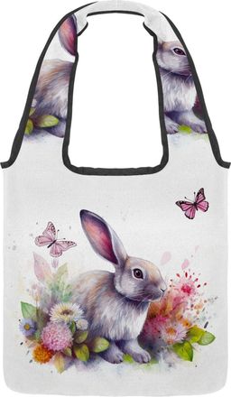 Generic Watercolor Floral Rabbit Reversible Canvas Shoulder Tote - Double-Sided Print, 12oz Cotton, 27cm Drop, Fold-Flat Bag for Travel, Shopping, Street Outi