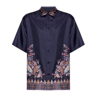 Etro Etro, Short Sleeve Shirts, male, Blue, Size: XL Short-sleeved Silk Shirt with Placed Print