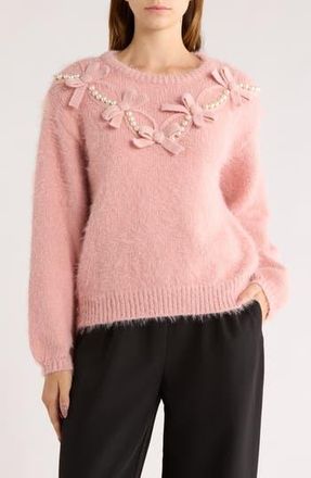 By Design Faux Pearl & Bow Embellished Crewneck Sweater in Peach Beige at Nordstrom Rack, Size X-Large