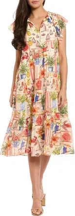 London Times Flutter Sleeve Tiered Midi Dress in Antique White/Fiery Red at Nordstrom Rack, Size X-Large