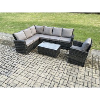 Fimous 7 Seater Rattan Garden Furniture Corner Sofa Set Outdoor Patio Sofa Chair Table Set with Rectangular Coffee Table Dark Grey Mixed - Fimous